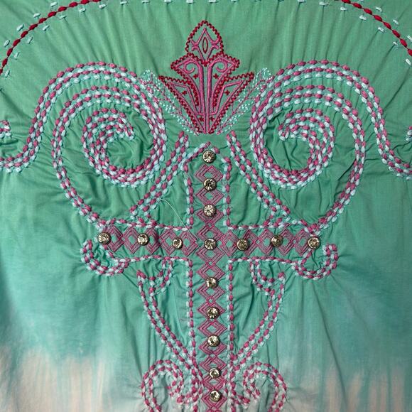 Roar Women's Button Up Shirt Pink Green Ombre' Rhinestone Embroidered Size M - Picture 5 of 12